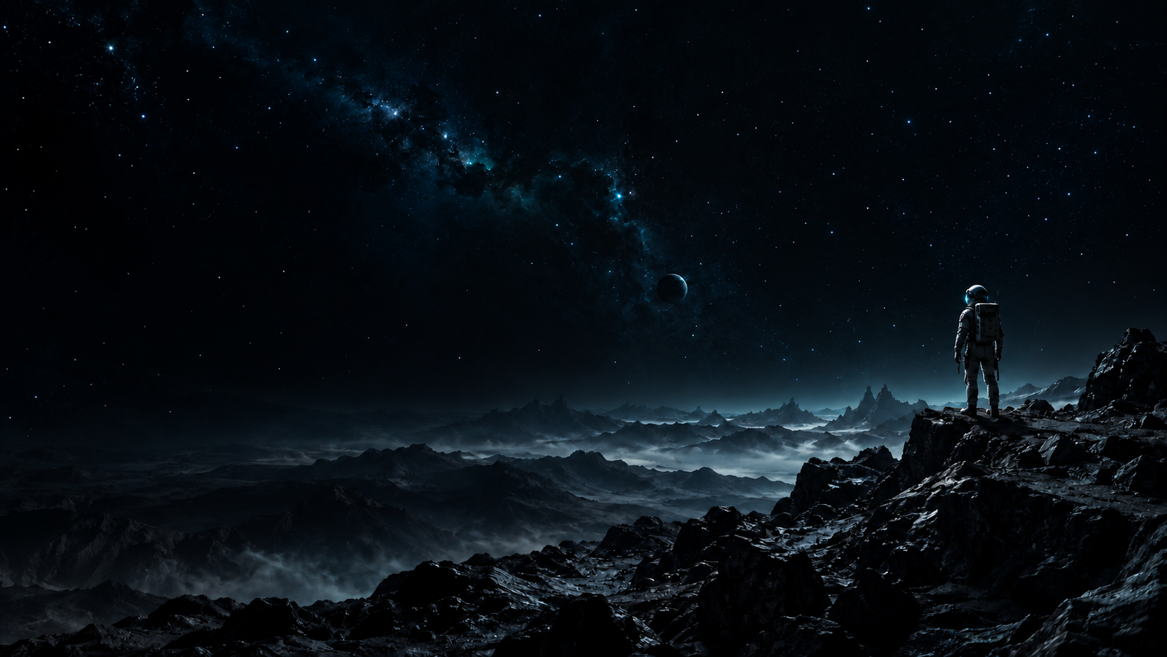 Astronaut looking over a distant world